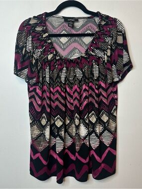 Style & Co Women’s Plus Size Pink & Black Short Sleeve Blouse 1X Geometric